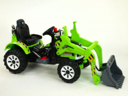 Elektrický silný traktor Kingdom s ovladatelnou nakládací lžící, mohutnými koly a konstrukcí, 2x motor 12V, 2x náhon, zelený